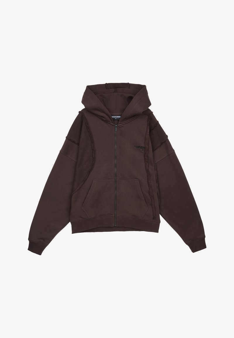 Brauner Zip-Hoodie mit einer Kordelzugkapuze, Fronttaschen und genähten Details an den Seiten und Ärmeln. Weicher, strukturiertes Gewebe.
