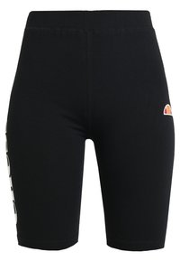 Sorte bomulds cykelshorts med en tætsiddende pasform, elastisk talje og et trykt logo i hvid og orange på siden.
