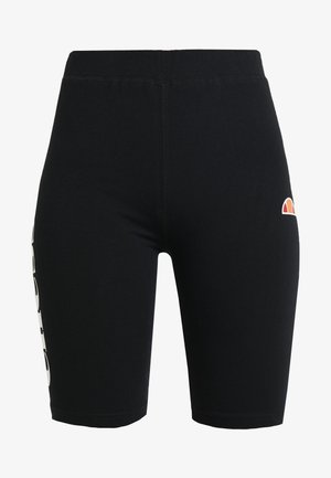 Mustadest puuvillast jalgrattashorts'id, millel on tihe lõige, elastne vöökoht ja külgedel valge ja oranži värviga trükitud logo.