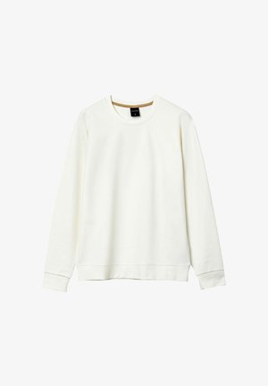 Sweatshirt couleur crème avec des manches longues, un col rond, des manches à poignet et une coupe décontractée. Tissu texturé avec une finition lisse.