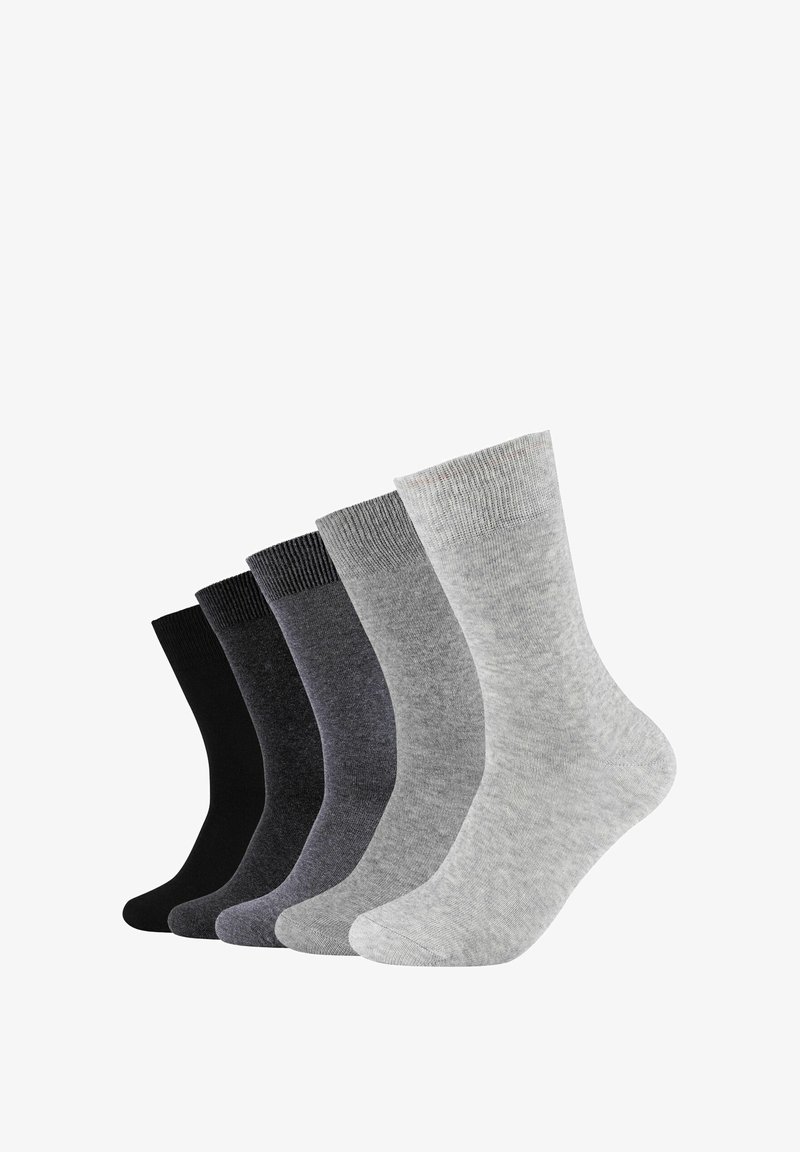 Pięć par skarpetek w kolorach czarnym, ciemnoszarym, średnioszarym, jasnoszarym i melanżowym, wykonanych z gładkiego, wygodnego materiału.