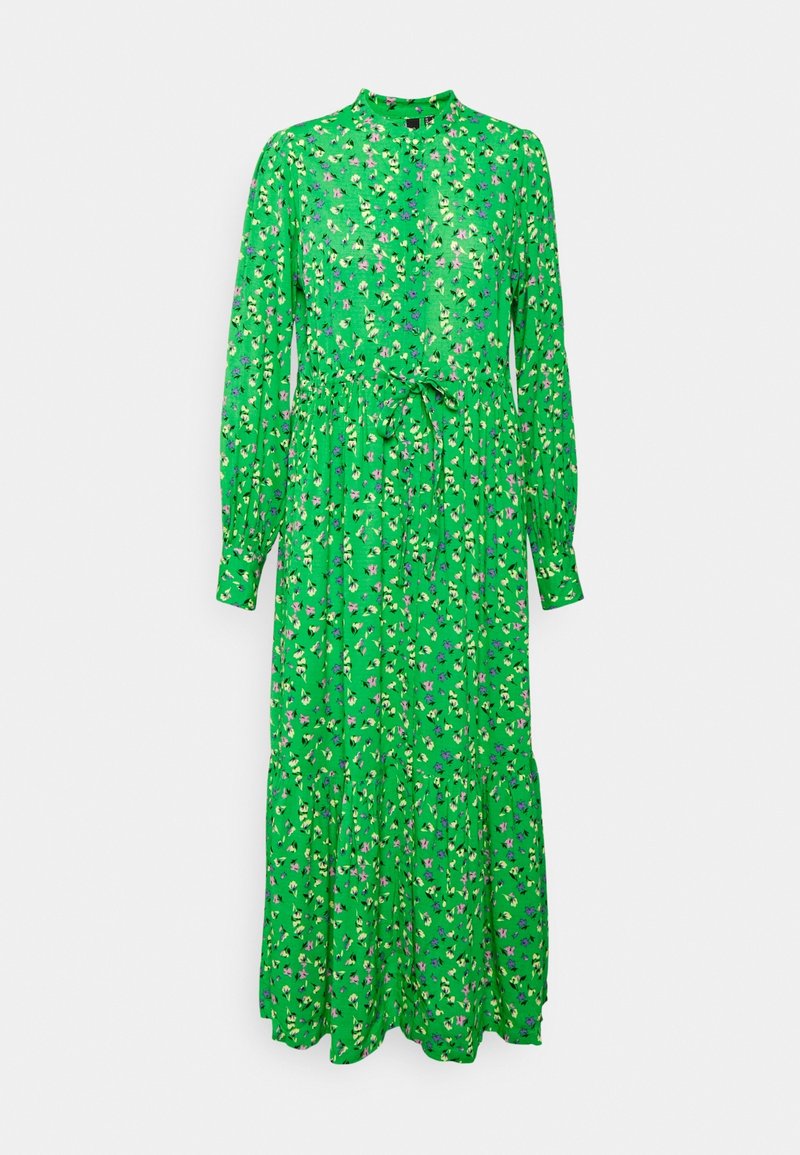 Grön långärmad klänning med blommönster i rosa och vitt, med hög halsringning och ett knytbälte i midjan. Utsvängd nederdel.