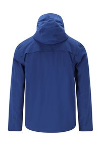 Blaue wasserdichte Jacke mit Kapuze, glatter Textur, langen Ärmeln und Nahtdetails. Für den Outdoor-Einsatz entworfen, mit minimalistischem Stil.