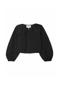 Schwarze cropped Jacke aus leichtem Material. Verfügt über einen Front-Reißverschluss, Ballonärmel und einen gerafften Saum für eine strukturierte Silhouette.