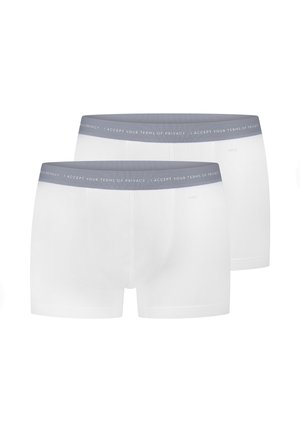 To hvide boxershorts til mænd med grå linninger, der gentager teksten "I ACCEPT YOUR TERMS OF PRIVACY" på en ensfarvet hvid baggrund.