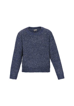 Kék kötött pulóver kerek nyakkivágással, hosszú ujjal és bordás szegéllyel. Texturált minta sötét és világoskék szálak keverékével.