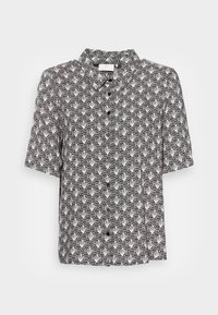 Koszula z krótkim rękawem zapinana na guziki w czarno-białym kolorze z geometrycznym wzorem. Posiada kołnierzyk i luźny krój. Wykonana z lekkiego materiału.