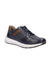 Marineblaue Ledersneaker mit Mesh-Details, braunen Akzenten, runder Zehenpartie und weißer gepolsterter Sohle für Komfort. Verfügt über ein Schnürdesign.