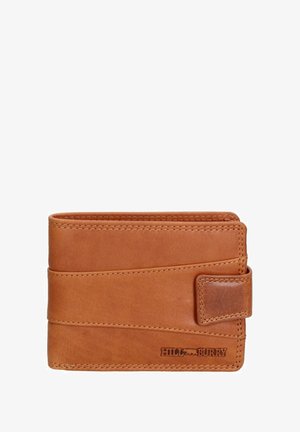 Portafoglio in pelle marrone con finitura testurizzata, caratterizzato da un design avvolgente, dettagli cuciti e una chiusura laterale con gancio.