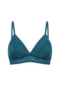 Tyrkysový krajkový bralet s trojúhelníkovým tvarem, tenkými nastavitelnými ramínky a květinovým vzorem. Obsahuje bezešvý design a jemné lemování.