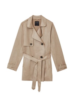 Beige Faux-Suede-Trenchcoat mit doppelreihigem Design, Reverskragen, Gürtel und zwei Knöpfen an der Vorderseite. Lange Ärmel mit Bündchen.