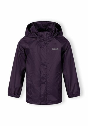 Giacca impermeabile viola con cappuccio, frontale con zip, polsini elastici e piccolo logo del marchio sul petto. Tessuto liscio e leggero.