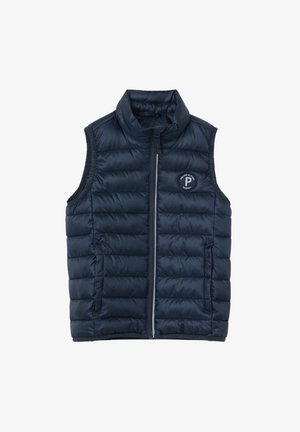 Marineblauwe gewatteerde vest met hoge kraag, rits aan de voorkant en logo-patch. Beschikt over een gestikte textuur en mouwloos ontwerp.