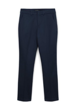 Pantalon marine en tissu lisse, présentant une coupe droite, deux poches latérales et une fermeture �éclair, avec des détails de couture minimaux.