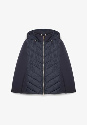 Jachetă bleumarin cu glugă, cu panou frontal matlasat, mâneci din material neted și fermoar auriu în mijloc.