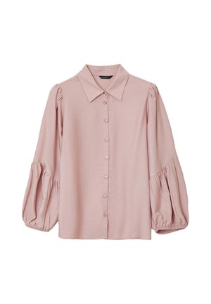 Blusa rosa chiaro con colletto alla francese, bottoni frontali e maniche lunghe a sbuffo. Realizzata in un tessuto testurizzato, presenta elastico ai polsini delle maniche.
