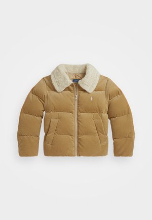 Tan corduroy puffer jacket with a soft, beige faux shearling collar, front zip closure, and two side pockets. Features quilted stitching.