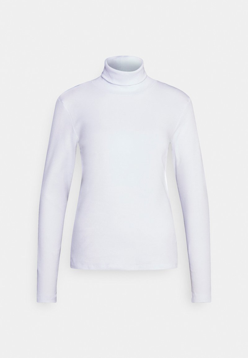 Hvit turtleneck langermet topp, laget av glatt stoff. Fitted design med minimale sømmer, med høy hals og rett kant.