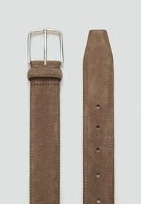 Brown suede belt with a silver metal buckle, featuring several adjustment holes and precise stitching along the edges.