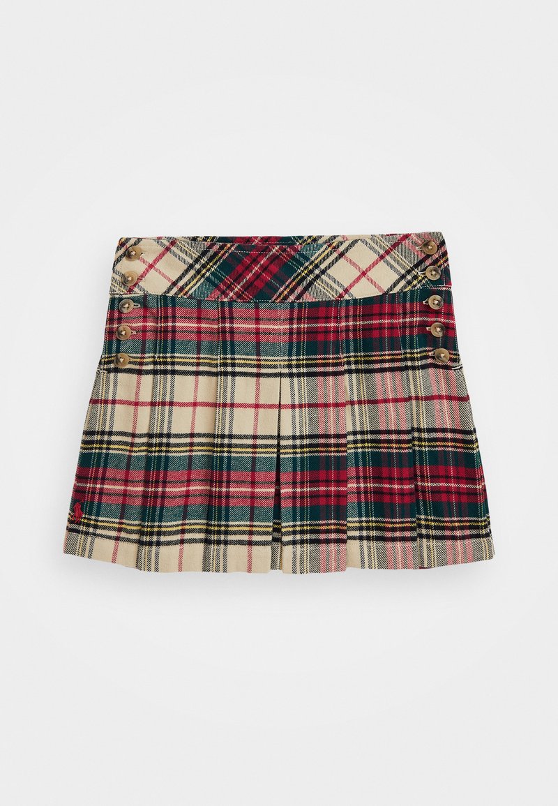 Karirna mini krila s pregibi, ki vključuje rdečo, zeleno in bež barvo. Podrobno izdelano s petimi gumbi na levi strani in majhnim logotipom ob robu.