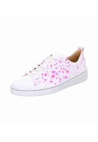 White sneaker with pink splatter pattern, lace-up design, rubber sole, rounded toe, and smooth leather-like material.