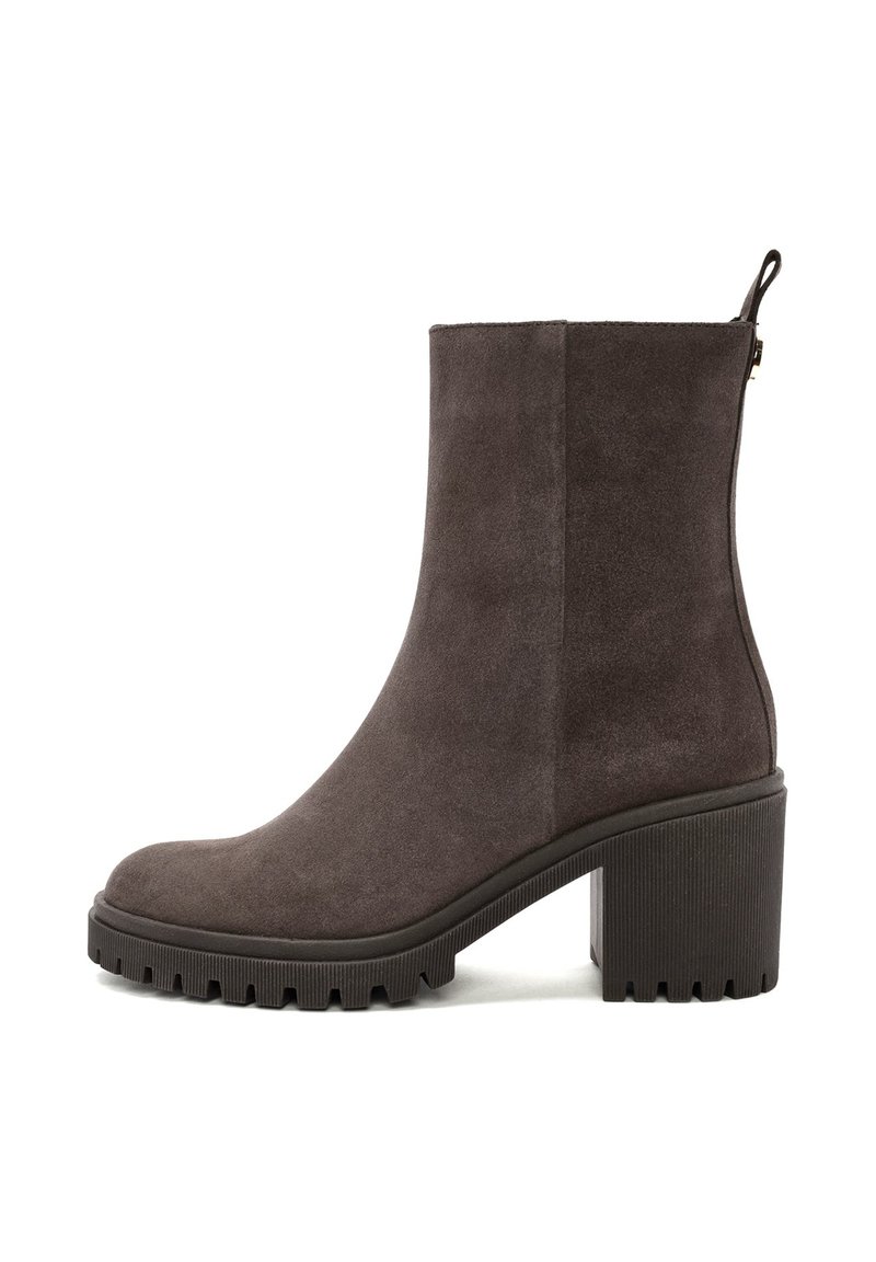 Gray suede ankle boot with a chunky block heel, rounded toe, and textured rubber sole. Features a side zip and loop for easy wear.