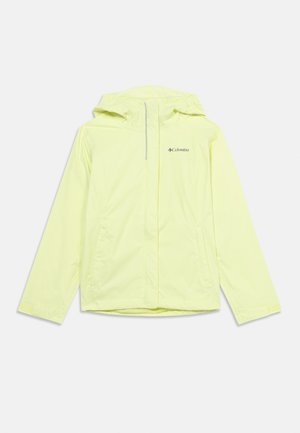 Dzeltena ūdensizturīga jaka ar kapuci, kas aprīkota ar priekšējo rāvējslēdzēju, sānu kabatām un Columbia logotipu uz krūtīm. Viegls, elpojošs materiāls.