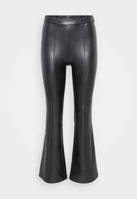 Zwarte neplederen uitlopende broek met een elastische tailleband, voorzien van verticale naden en een gladde textuur. Eenvoudig, slank ontwerp.