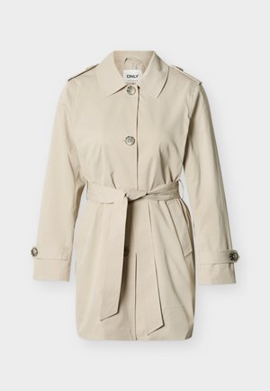 Μπεζ τρεντζ κότ κοντού μήκους με γιακά, τρία κουμπιά, ζώνη δεμένη στη μέση, μανσέτες με κουμπιά και επιδέσμους στους ώμους.