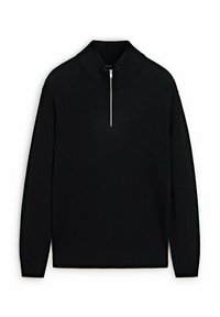 Black ribbed turtleneck sweater featuring a half-zip front closure and long sleeves, made from a textured knit material.