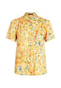 Krótki rękaw, zapinana na guziki koszula w kolorze żółtym z wirującym abstrakcyjnym wzorem w odcieniach pomarańczowego, różowego i turkusowego. Lekką tkanina z kołnierzykiem.