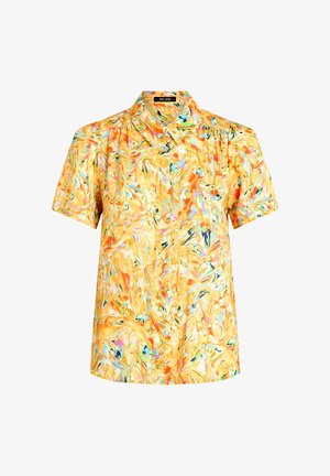 Short-sleeved button-up shirt in yellow with a swirling abstract pattern in orange, pink, and teal. Lightweight fabric with a collared neck.