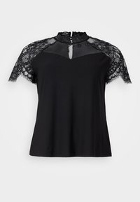 Black top featuring a high lace collar and short lace sleeves, with a keyhole detail at the neckline and a smooth fabric body.
