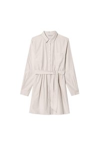 Ljus beige skjortklänning med långa ärmar, knäppning fram, krage, sidfickor och ett matchande bälte i midjan. Slätt, strukturerat tyg.