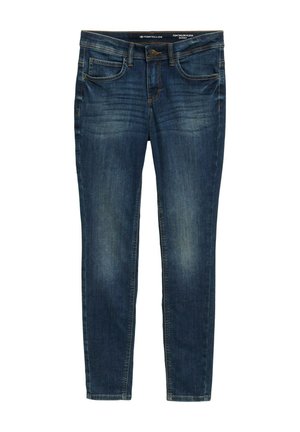 Tmavě modré skinny džíny vyrobené z denimu, s klasickým pětikomorovým designem, poutky na opasek, předním zapínáním na knoflík a mírným opotřebením.