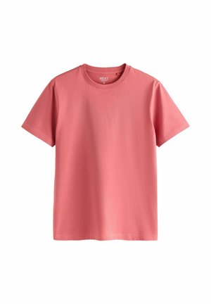 Solid lyserød kortærmet rundhalset bomuld T-shirt i mellemstørrelse, vist fladt på en hvid baggrund.