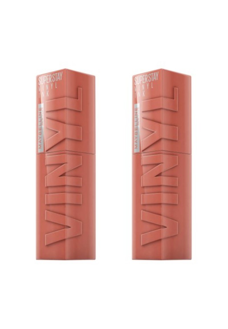 Deux contenants rectangulaires de produits à lèvres dans une couleur pêche douce, présentant un texte en relief "VINYL" et un design élégant pour une manipulation facile.