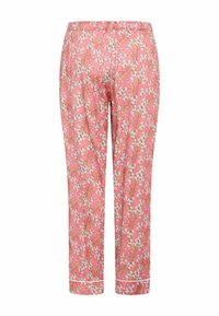 Rosa Hose mit floralem Muster, elastischem Bund, cropped Länge und weißem Saum. Hergestellt aus leichtem, atmungsaktivem Material.