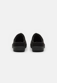 Zwarte slippers met een zachte, pluche binnenkant, platte rubberen zolen en ronde achterkanten, met een eenvoudig ontwerp zonder versieringen.