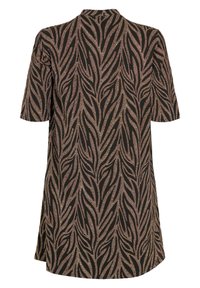 Kurzärmliges Kleid aus schwarzem Stoff mit einem strukturierten, metallischen Blattmuster in Gold und Bronze. Mit rundem Ausschnitt und lockerer Passform.