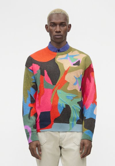 Homme aux cheveux blonds courts portant un pull coloré à motif abstrait par-dessus une chemise bleue à col et un pantalon beige clair, debout de façon neutre.