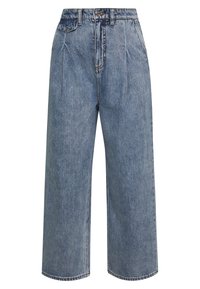 Vaaleansiniset denimpantsit, joissa on löysä ja leveä lahjesuunnittelu, etupleatsit, nappilukko ja perinteinen viisi-tasku tyylittely.