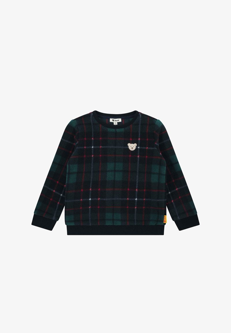 Katoenen fleece pullover voor kinderen in zwart, groen en rood ruitpatroon met lange mouwen en een kleine beige teddybeer gezichtspatch op de borst.