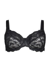 Black lace bra featuring floral patterns, adjustable straps, underwire support, and scalloped edges for enhanced comfort and fit.