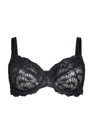 Black lace bra featuring floral patterns, adjustable straps, underwire support, and scalloped edges for enhanced comfort and fit.