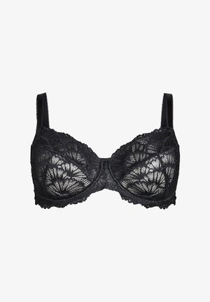 Soutien-gorge en dentelle noire avec des motifs floraux, bretelles réglables, soutien-gorge avec armature et bords festonnés pour un confort et un ajustement améliorés.