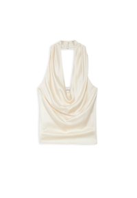 Haut dos nu en satin couleur crème avec décolleté drapé et fermeture éclair au dos, présenté à plat sur un fond blanc.