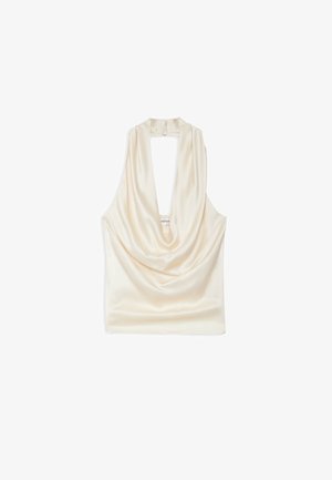 Haut dos nu en satin couleur crème avec décolleté drapé et fermeture éclair au dos, présenté à plat sur un fond blanc.