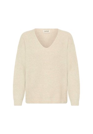 Pulover de culoare crem, cu gât în V, textură ribbandă și mâneci lungi. Design simplu, neîmpodobit, fără modele vizibile sau elemente metalice.