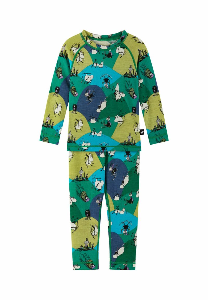 Set di pigiama in cotone con maniche lunghe e pantaloni aderenti. Presenta colorati personaggi Moomin su uno sfondo geometrico verde e blu.